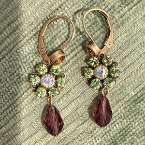 Liz Palacios Chic Floral Drop Earrings with Green and Purple Crystals